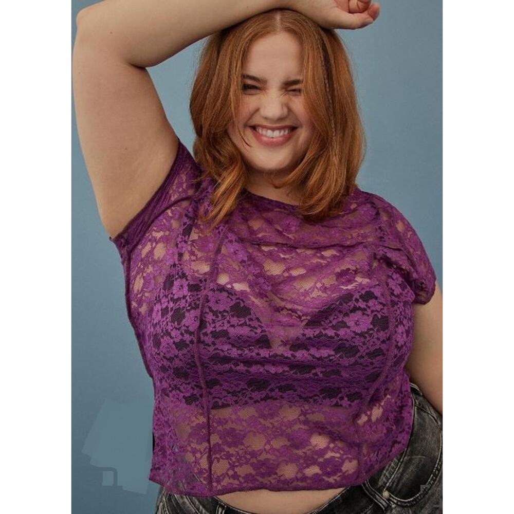 Sexy Sheer Torrid 1X CROP TOP Purple Haze Stretch Lace Festival Festi Blouse NEW - Picture 3 of 13